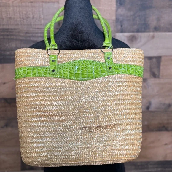 Straw Summer Beach Swim Tote Tan Green SM 317 - Picture 1 of 6